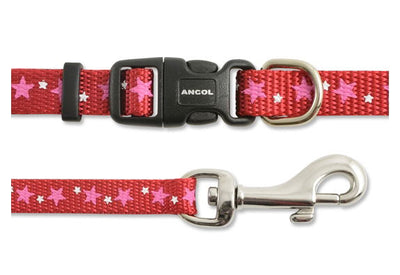 Ancol Sml Bite Collar & Lead Set Stars Red